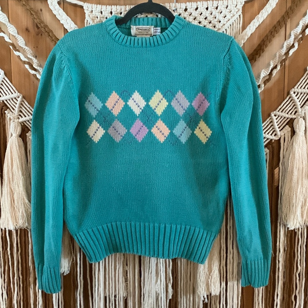 Vintage Davison’s Of Bermuda 100% Cotton Turquoise Argyle Sweater Size Small